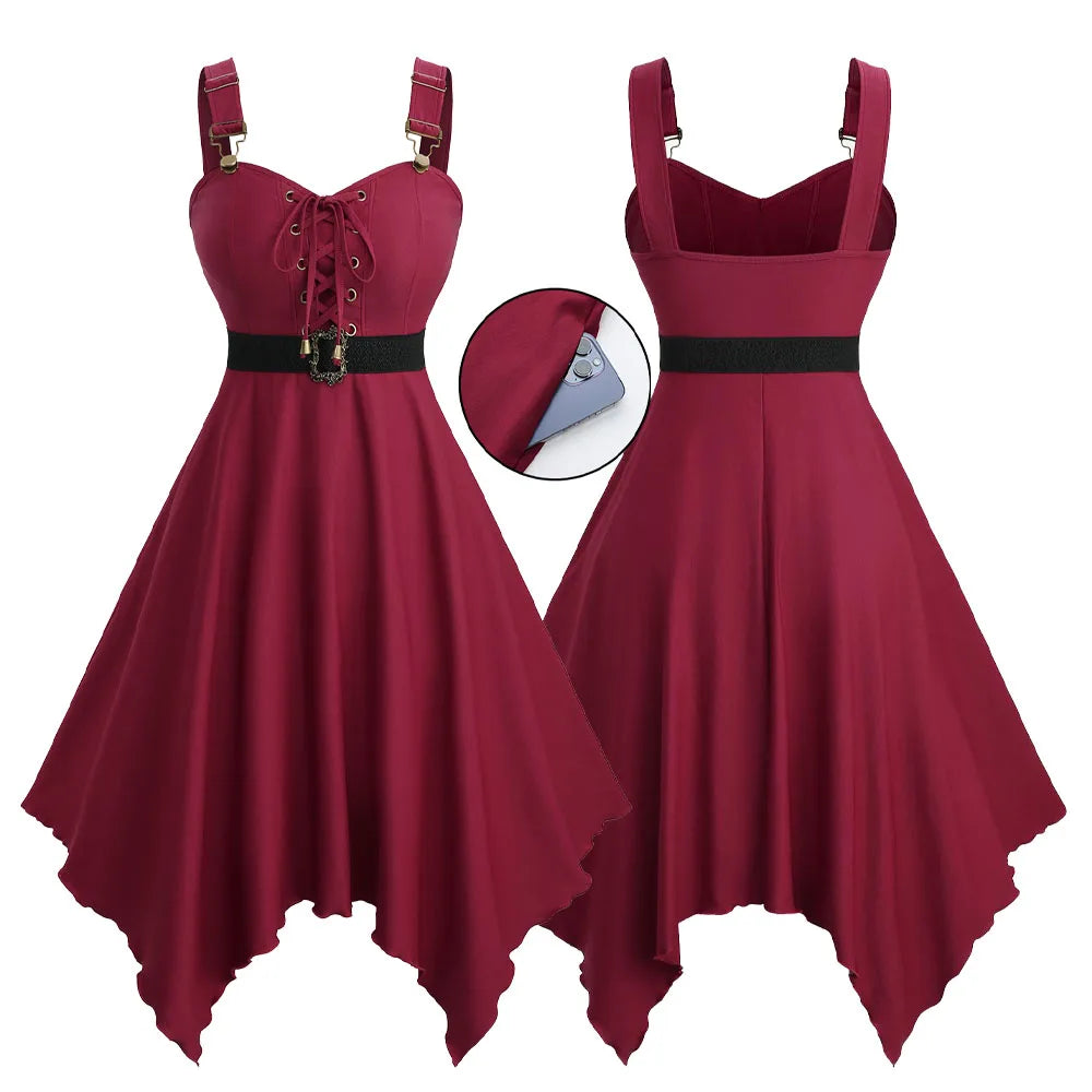 ROSEGAL Plus Size Lace-Up Handkerchief Dress With Pockets And Removable Belt Women's Casual Maxi Dress Deep Red Vestidos