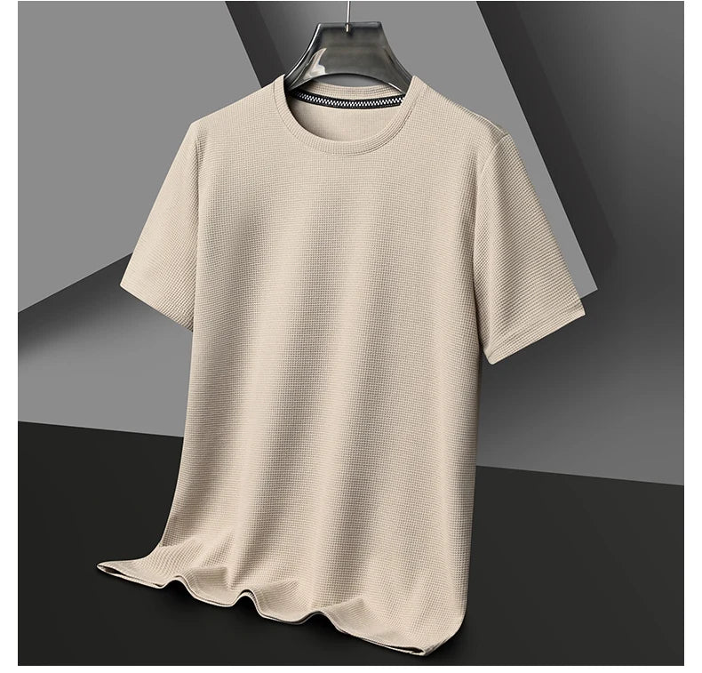 Texture & Comfort! New Summer Waffle Knit T-Shirt for Men – Breathable, Round Neck, Short Sleeve Casual Top