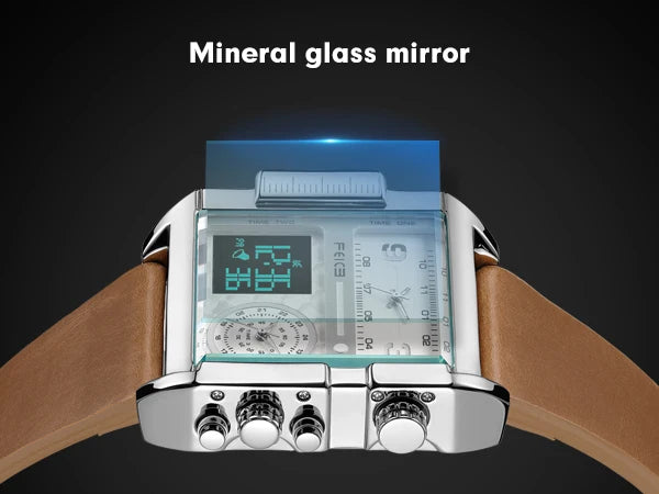 Statement Piece! FEICE FK030 Men's Big Square Dial Watch – Digital LED & Analog Display, Waterproof, Unique Leather Band