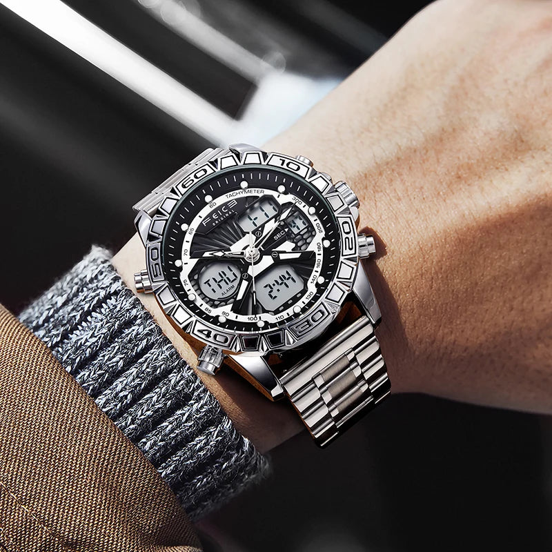 Original Retro Design! FEICE FK817 Dual Display Quartz Watch – Luminous, Waterproof, 8-Function Sport Chronograph