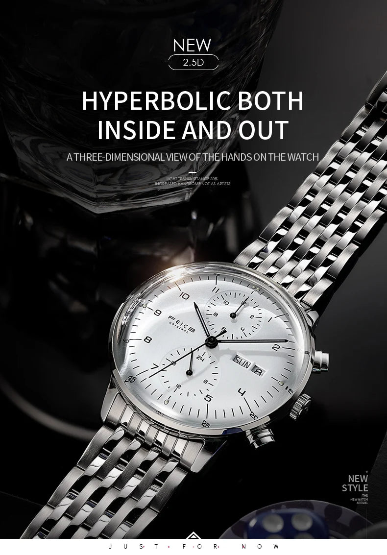 Bauhaus Elegance! FEICE FM121 Automatic Mechanical Dress Watch – Stainless Steel, Full Calendar, Domed Mirror Design