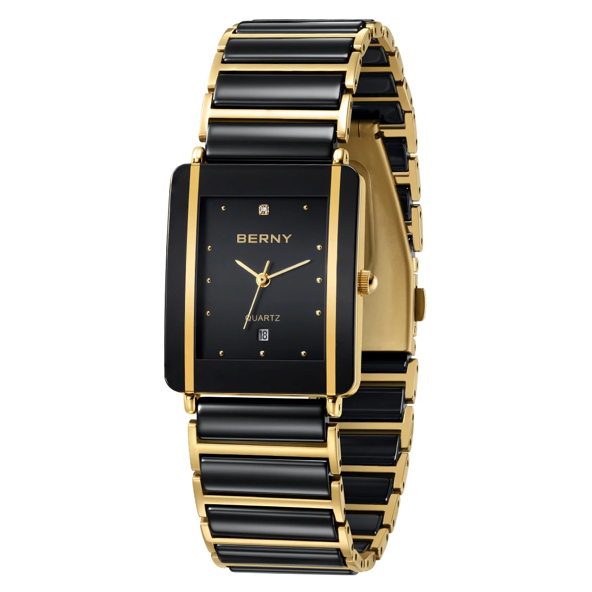 Couple's Luxury! BERNY Ceramic Quartz Rectangle Watch – Black Gold, Calendar, 30M Waterproof, Sapphire Coated Lens