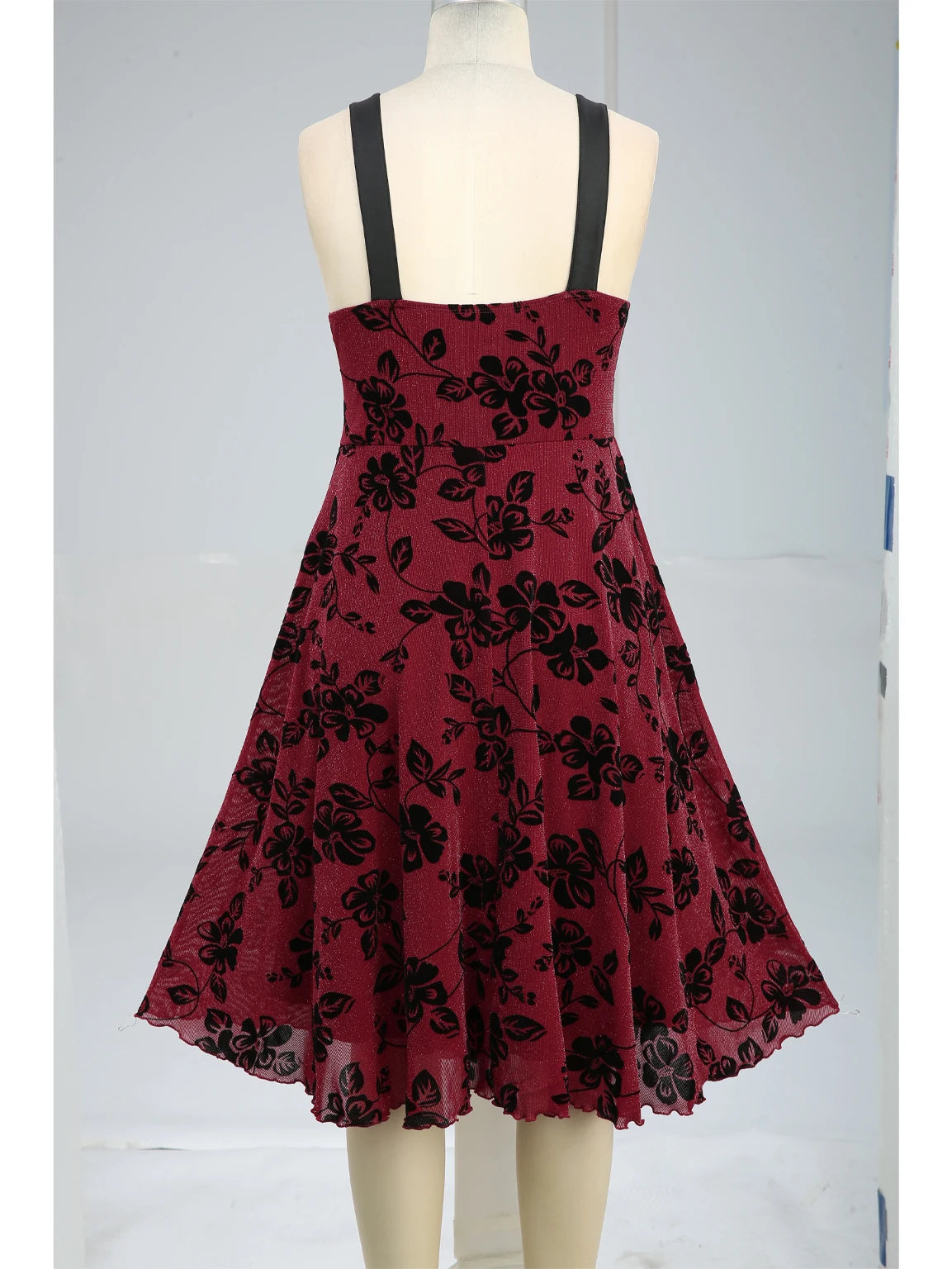 ROSEGAL Plus Size Women's Evening Gown Deep Red Dresses Floral Leaves Flocking Lace Up Surplice A Line Party Maxi Dress