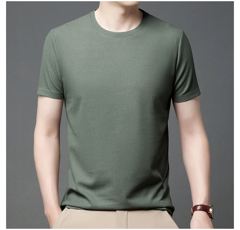Texture & Comfort! New Summer Waffle Knit T-Shirt for Men – Breathable, Round Neck, Short Sleeve Casual Top