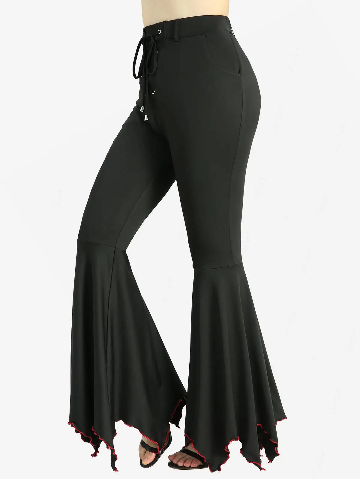 Rosegal Plus Size Lace-Up Contrast Piping Flare Pants – High Waist Wide-Leg Elegance