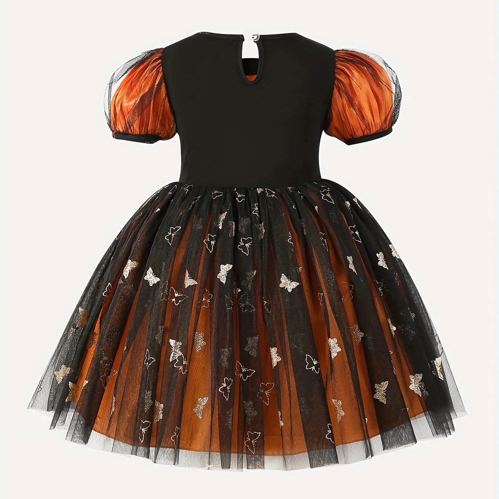 Festival Fun! Girls' Vintage Printed Ball Gown – Bubble Sleeve, Mesh Design, Perfect for Halloween & Cosplay Performance