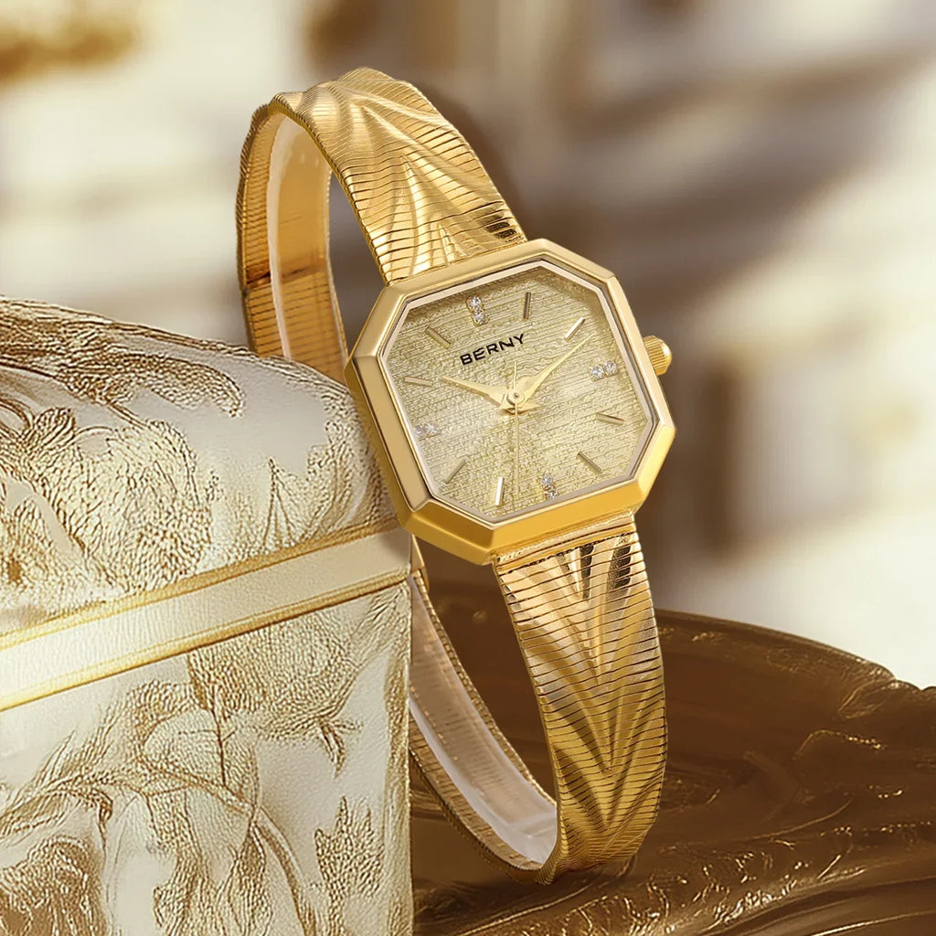 Luxury Small Watch! BERNY Gold Tone Octagonal Quartz Ladies Watch – Grit Dial, Stainless Steel, IP Gold Plated, Waterproof