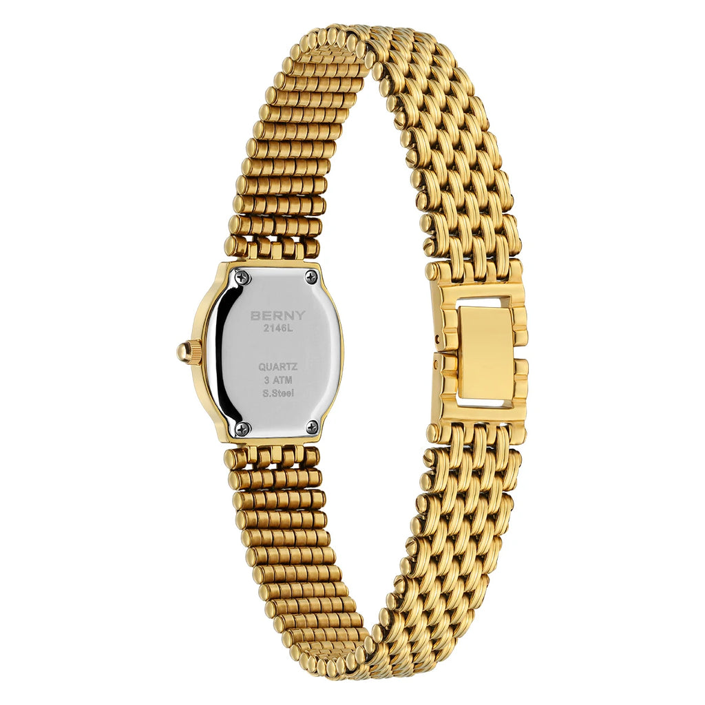 Slim Elegance! BERNY Oval Gold Quartz Ladies Watch – Swiss Movement, Ultra-Thin Case, Stainless Steel Bracelet, 30M Waterproof