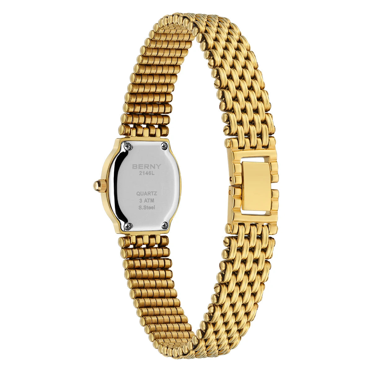Slim Elegance! BERNY Oval Gold Quartz Ladies Watch – Swiss Movement, Ultra-Thin Case, Stainless Steel Bracelet, 30M Waterproof