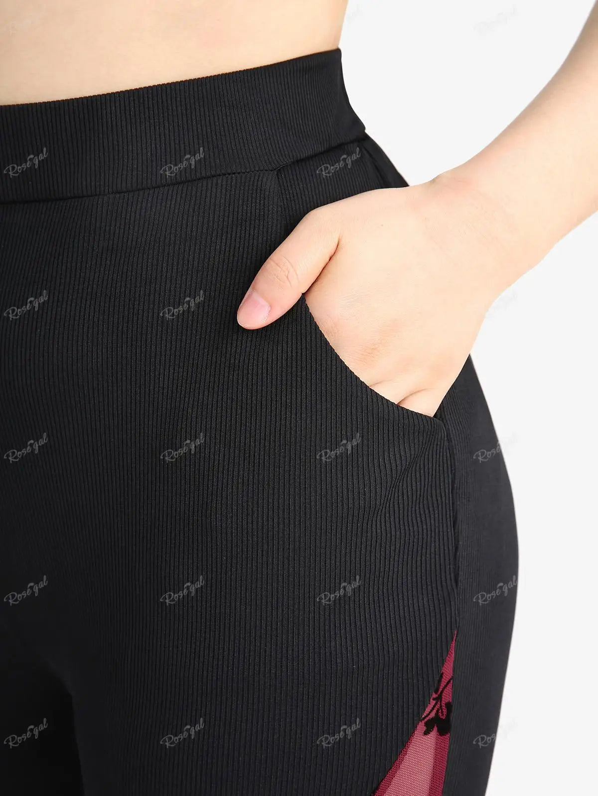 ROSEGAL Plus Size Women’s High-Stretch Casual Flare Pants with Floral Mesh Flocking and Buckle Grommet Details