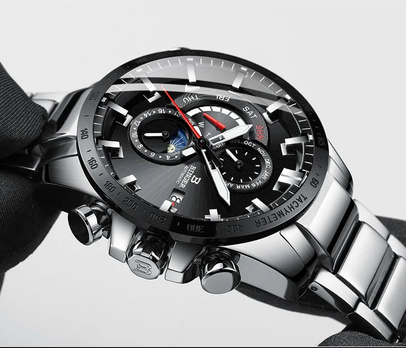 Genuine Luxury! BINGER Swiss Brand Automatic Mechanical Watch – Moon Phase, Luminous, Sapphire Crystal, 50M Waterproof