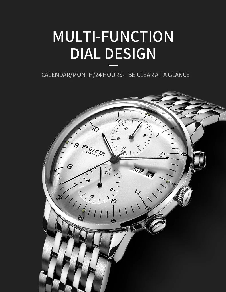Bauhaus Elegance! FEICE FM121 Automatic Mechanical Dress Watch – Stainless Steel, Full Calendar, Domed Mirror Design