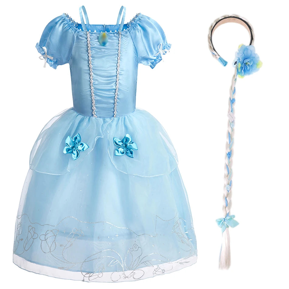 Dreamy Performance Gown! Little Girls' Cinderella Cosplay Dress – Blue Princess, Appliques & Bubble Sleeves