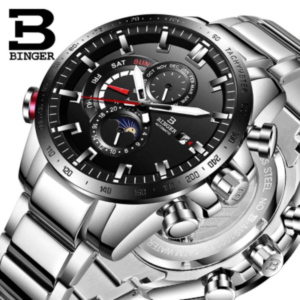 Genuine Luxury! BINGER Swiss Brand Automatic Mechanical Watch – Moon Phase, Luminous, Sapphire Crystal, 50M Waterproof