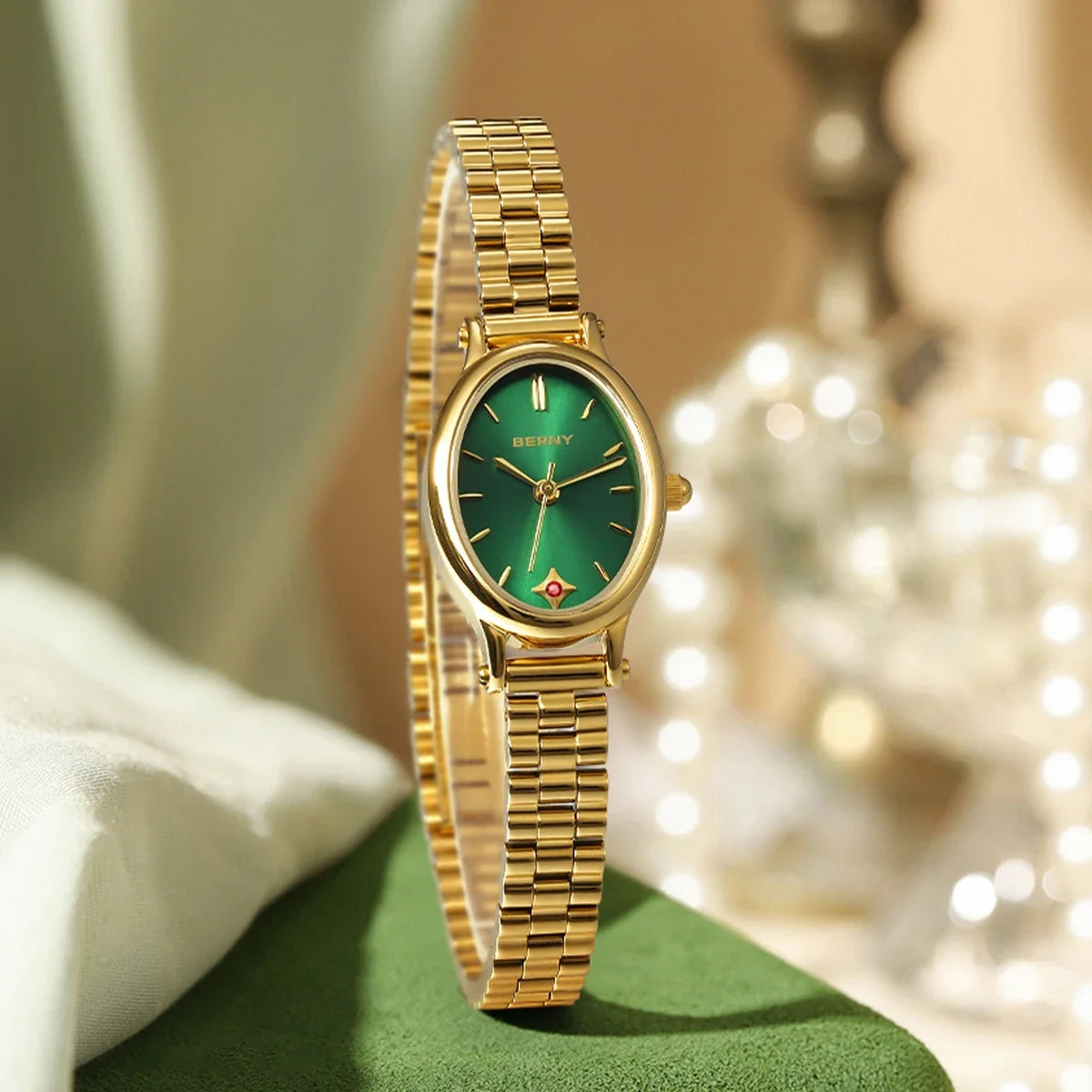 Jewelry Elegance! BERNY Gold Oval Quartz Watch for Women – Ruby Dotted Dial, Ultra-Thin, Butterfly Clasp, 30M Waterproof