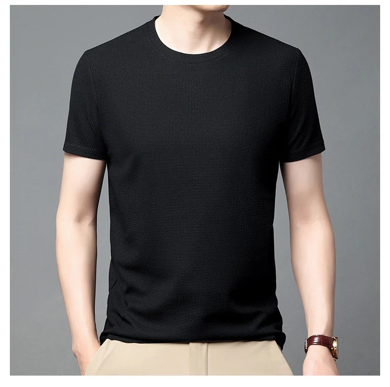 Texture & Comfort! New Summer Waffle Knit T-Shirt for Men – Breathable, Round Neck, Short Sleeve Casual Top
