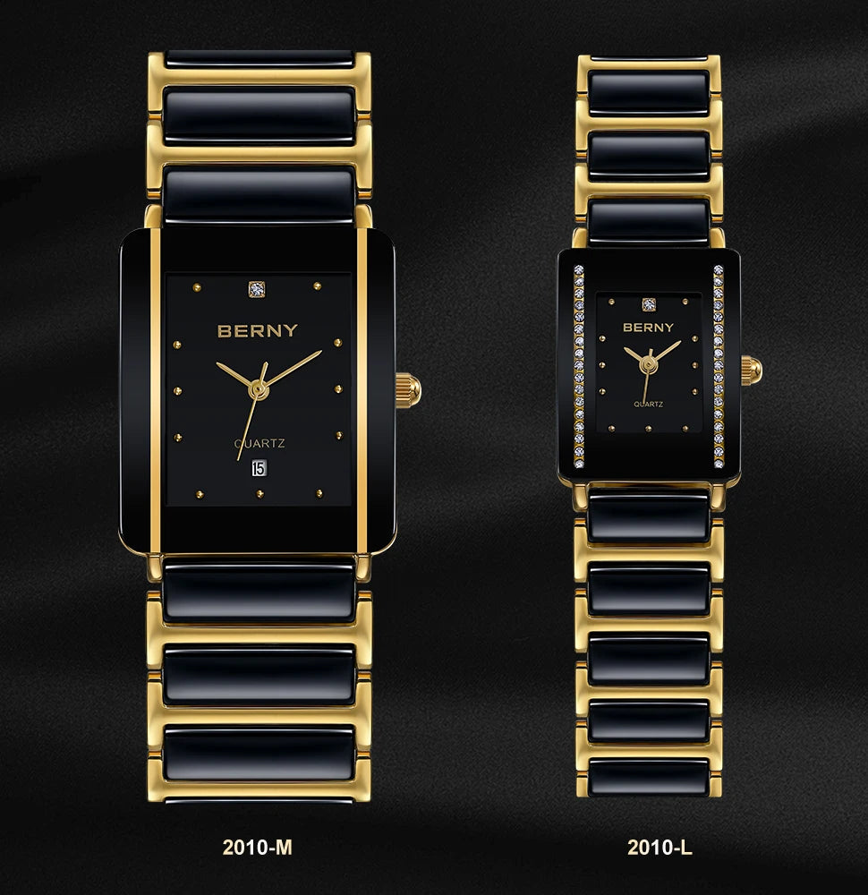 Couple's Luxury! BERNY Ceramic Quartz Rectangle Watch – Black Gold, Calendar, 30M Waterproof, Sapphire Coated Lens
