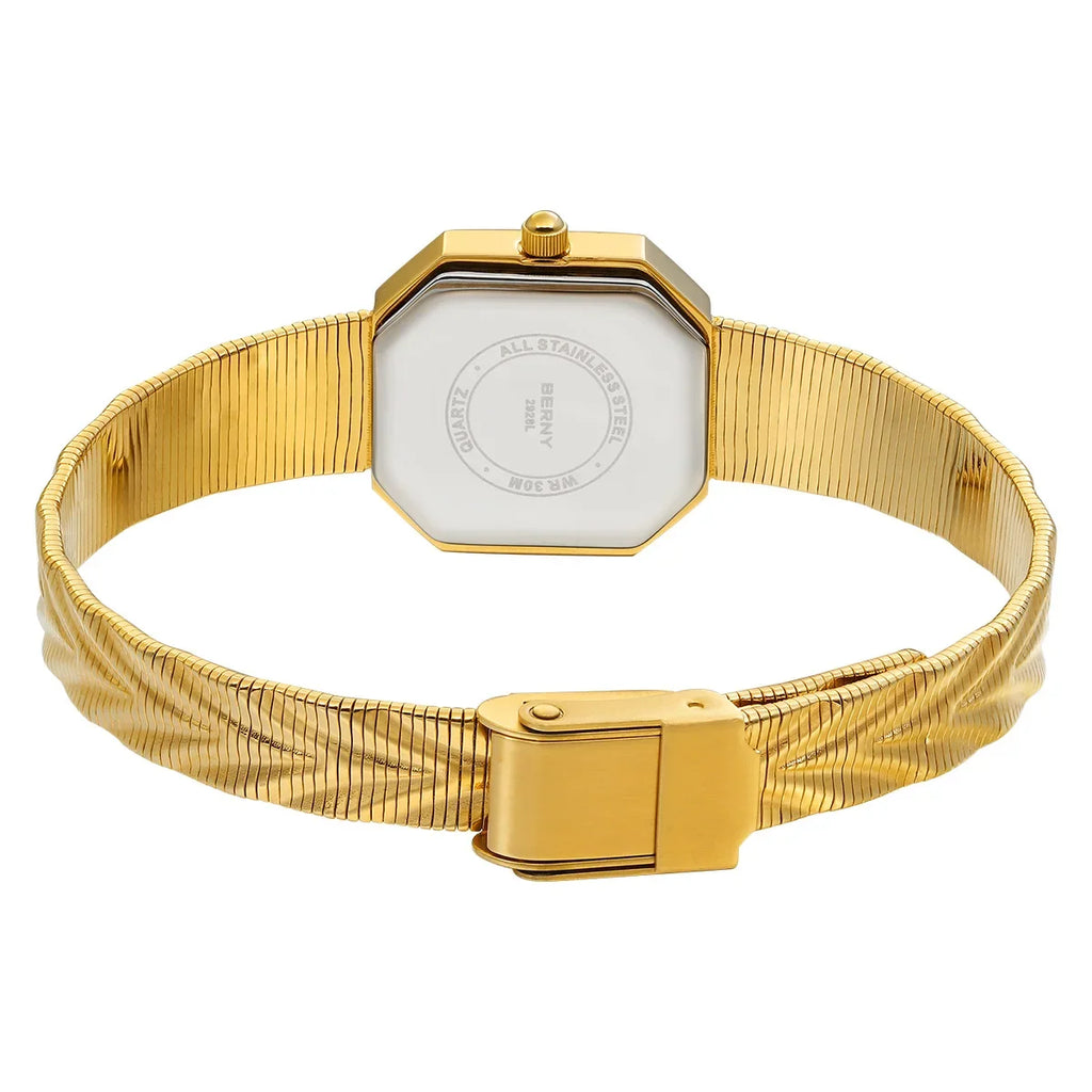 Luxury Small Watch! BERNY Gold Tone Octagonal Quartz Ladies Watch – Grit Dial, Stainless Steel, IP Gold Plated, Waterproof