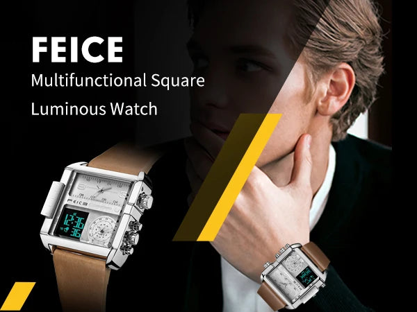 Statement Piece! FEICE FK030 Men's Big Square Dial Watch – Digital LED & Analog Display, Waterproof, Unique Leather Band