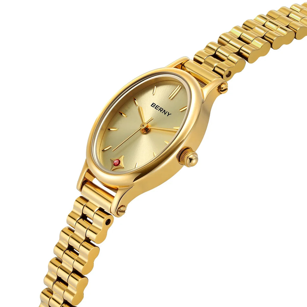 Jewelry Elegance! BERNY Gold Oval Quartz Watch for Women – Ruby Dotted Dial, Ultra-Thin, Butterfly Clasp, 30M Waterproof