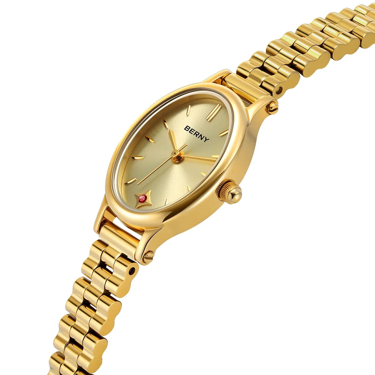Jewelry Elegance! BERNY Gold Oval Quartz Watch for Women – Ruby Dotted Dial, Ultra-Thin, Butterfly Clasp, 30M Waterproof