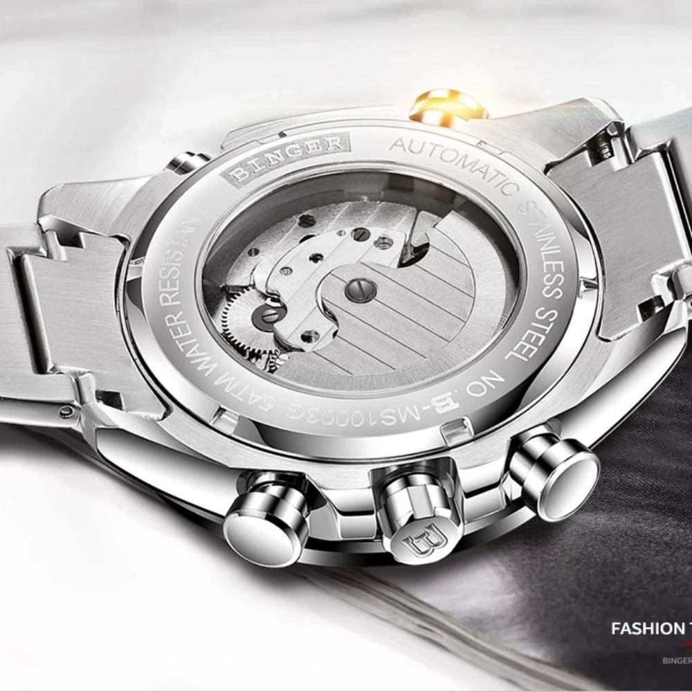 Genuine Luxury! BINGER Swiss Brand Automatic Mechanical Watch – Moon Phase, Luminous, Sapphire Crystal, 50M Waterproof