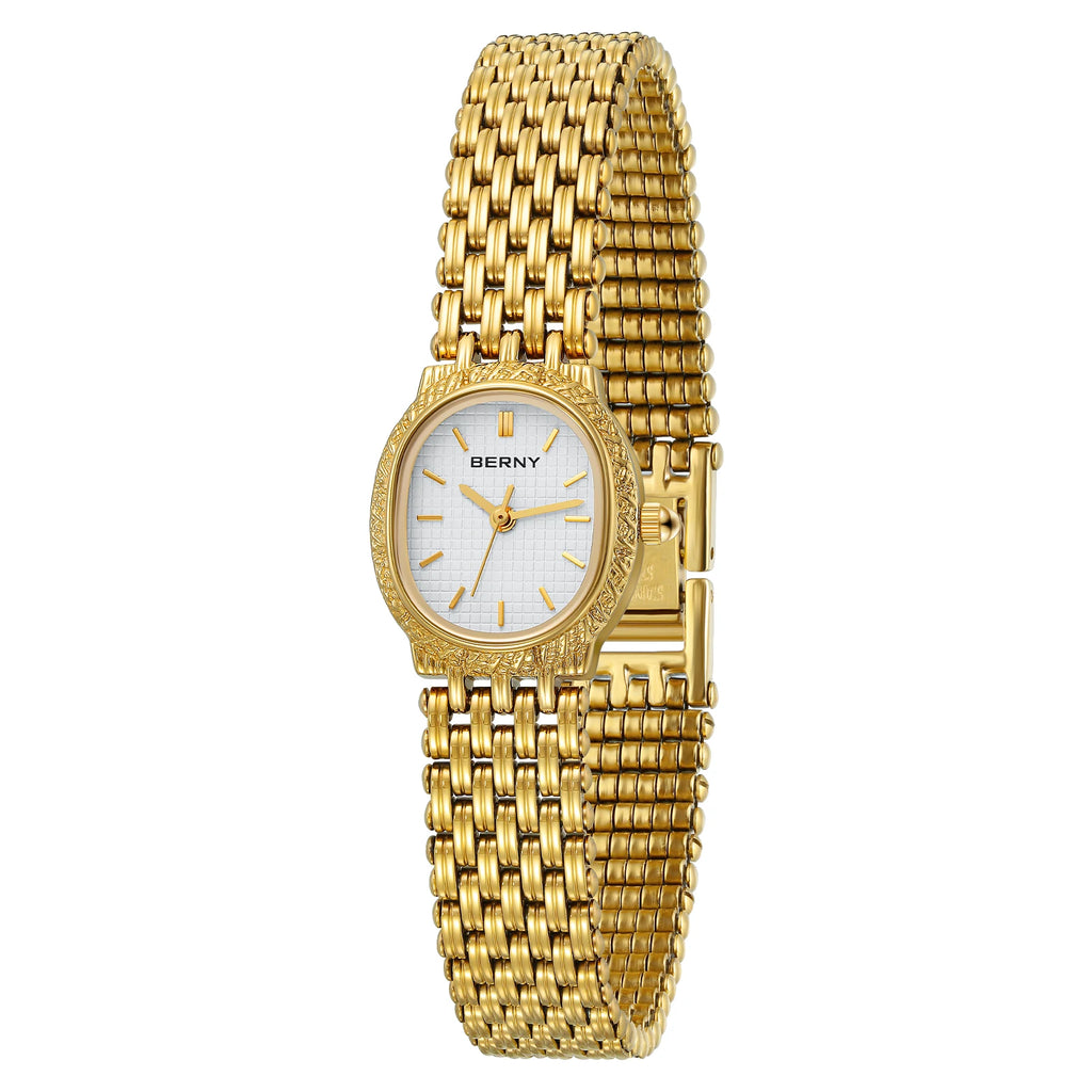 Slim Elegance! BERNY Oval Gold Quartz Ladies Watch – Swiss Movement, Ultra-Thin Case, Stainless Steel Bracelet, 30M Waterproof