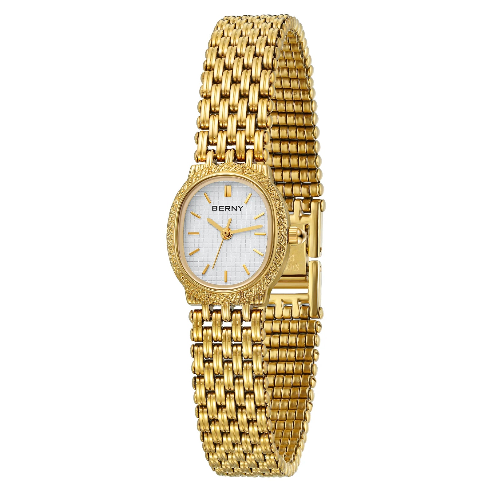 Slim Elegance! BERNY Oval Gold Quartz Ladies Watch – Swiss Movement, Ultra-Thin Case, Stainless Steel Bracelet, 30M Waterproof