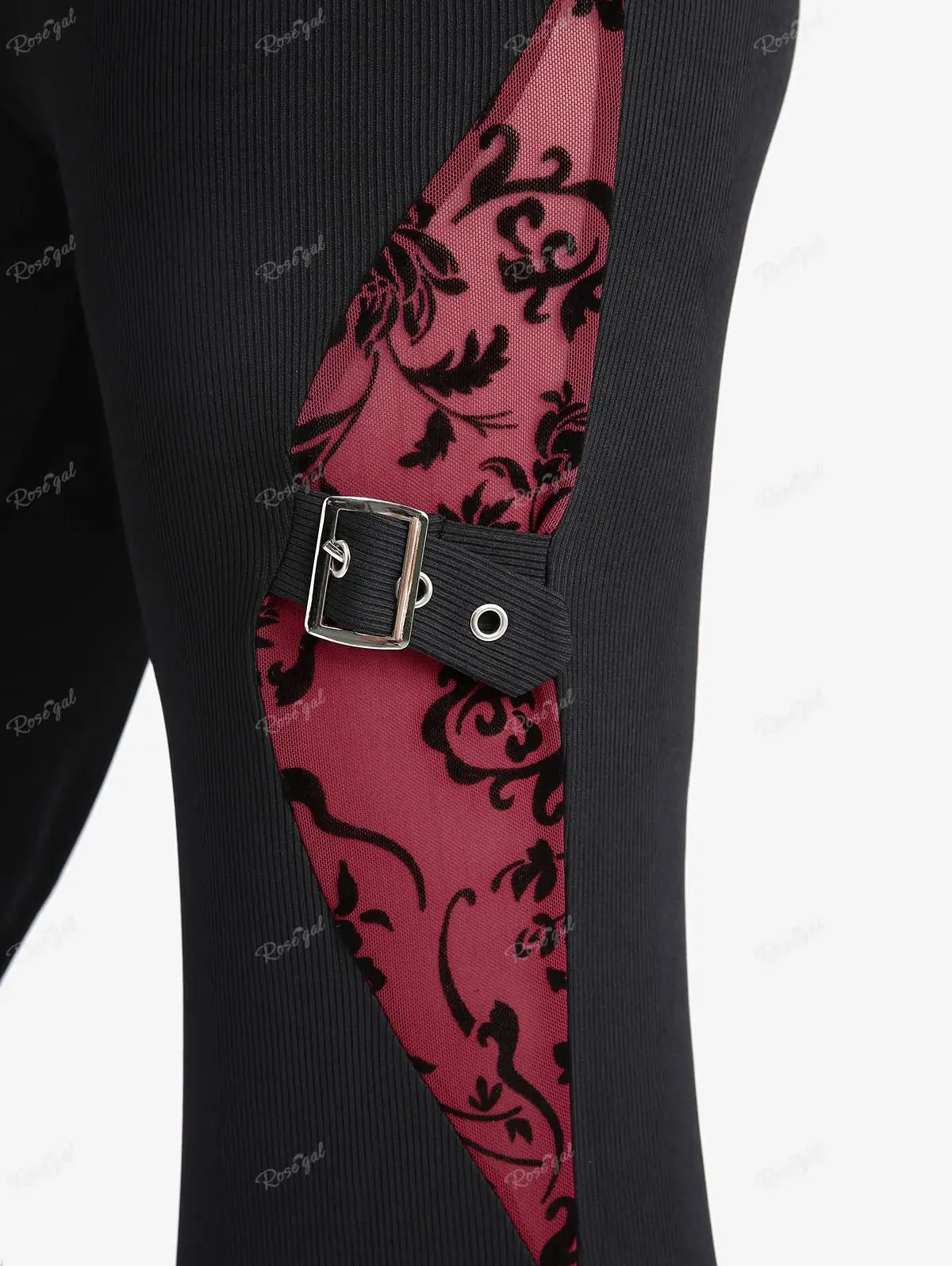 ROSEGAL Plus Size Women’s High-Stretch Casual Flare Pants with Floral Mesh Flocking and Buckle Grommet Details