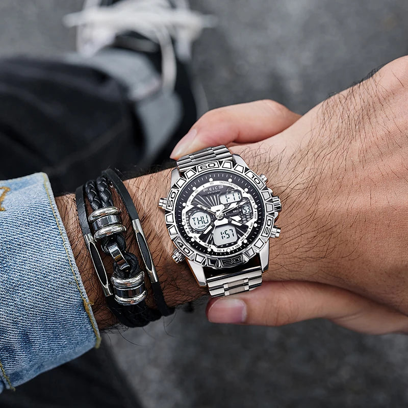 Original Retro Design! FEICE FK817 Dual Display Quartz Watch – Luminous, Waterproof, 8-Function Sport Chronograph