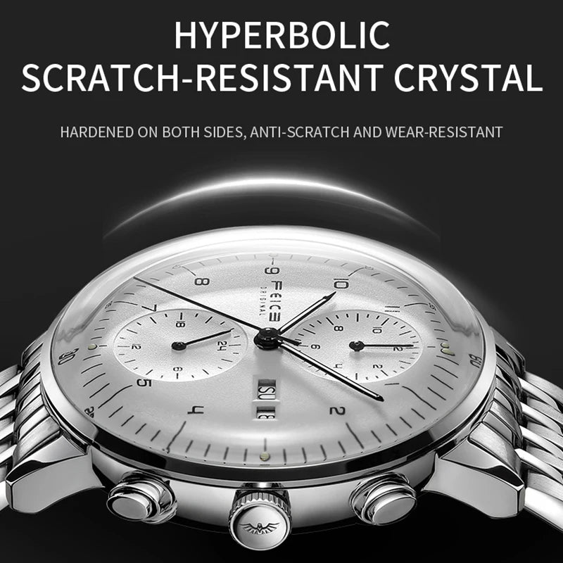 Bauhaus Elegance! FEICE FM121 Automatic Mechanical Dress Watch – Stainless Steel, Full Calendar, Domed Mirror Design