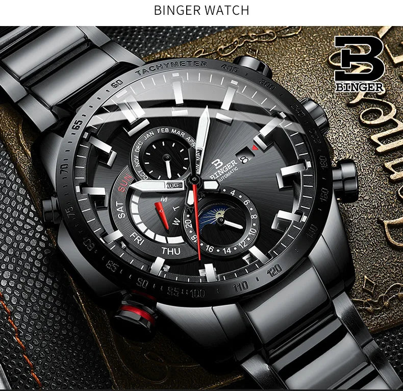 Genuine Luxury! BINGER Swiss Brand Automatic Mechanical Watch – Moon Phase, Luminous, Sapphire Crystal, 50M Waterproof