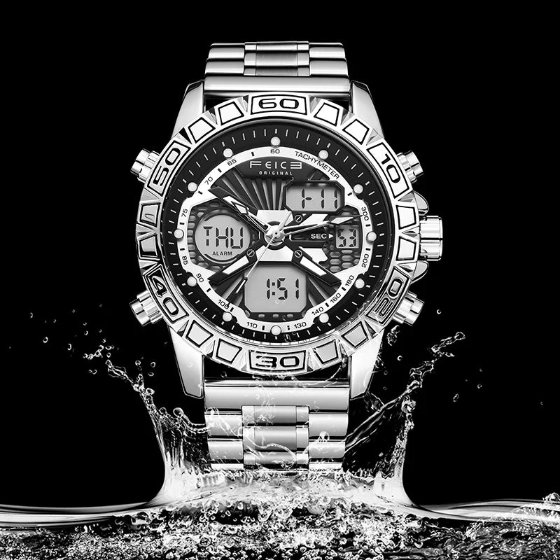 Original Retro Design! FEICE FK817 Dual Display Quartz Watch – Luminous, Waterproof, 8-Function Sport Chronograph