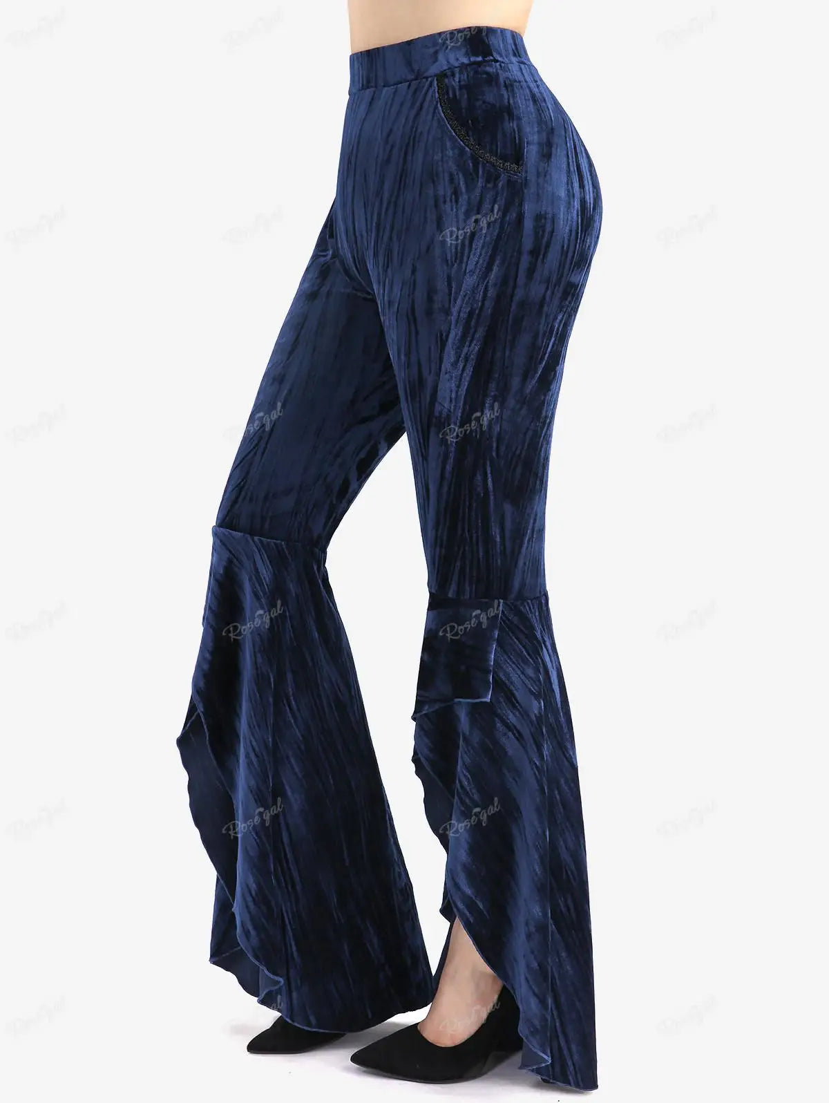 Y2K Revival! ROSE GAL Plus Size Asymmetric Velvet Flare Pants – High-Low Ruffles, Elastic Waist, Perfect for Night Out
