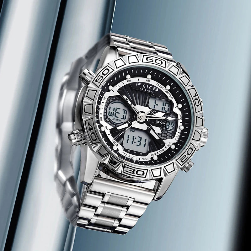 Original Retro Design! FEICE FK817 Dual Display Quartz Watch – Luminous, Waterproof, 8-Function Sport Chronograph