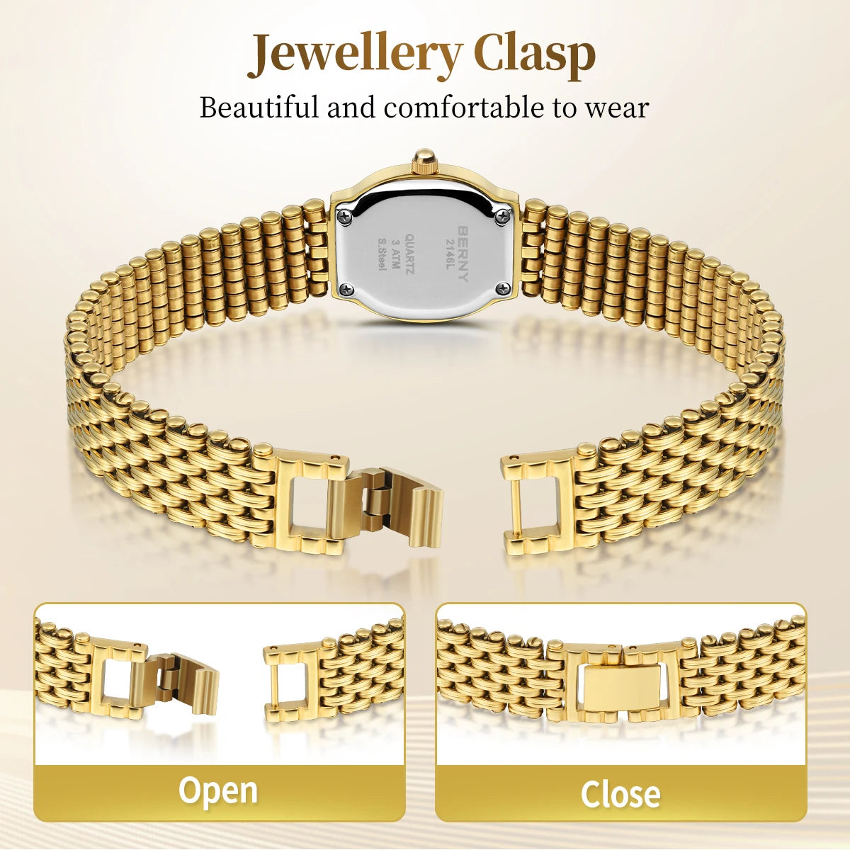 Slim Elegance! BERNY Oval Gold Quartz Ladies Watch – Swiss Movement, Ultra-Thin Case, Stainless Steel Bracelet, 30M Waterproof
