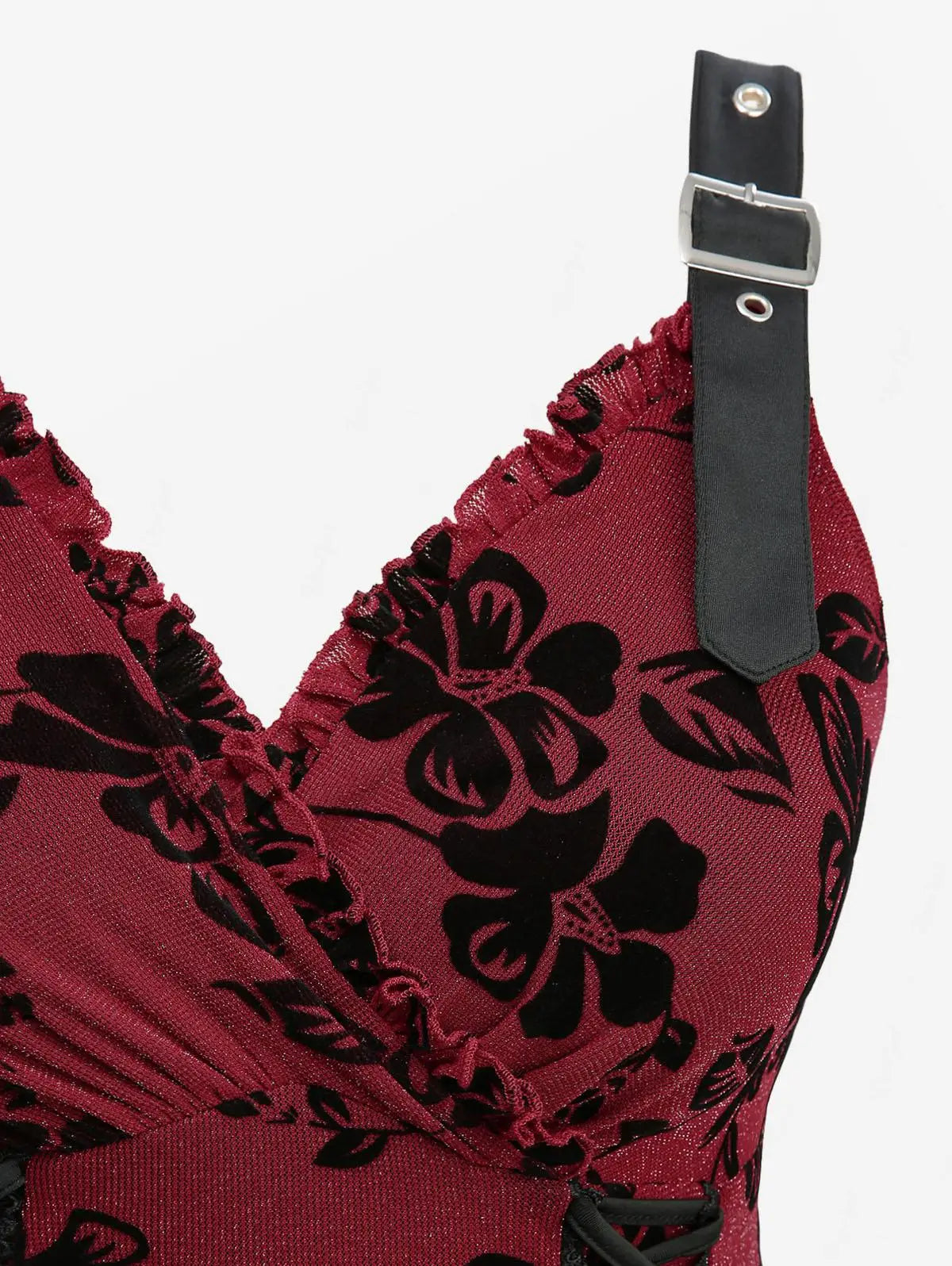 ROSEGAL Plus Size Women's Evening Gown Deep Red Dresses Floral Leaves Flocking Lace Up Surplice A Line Party Maxi Dress