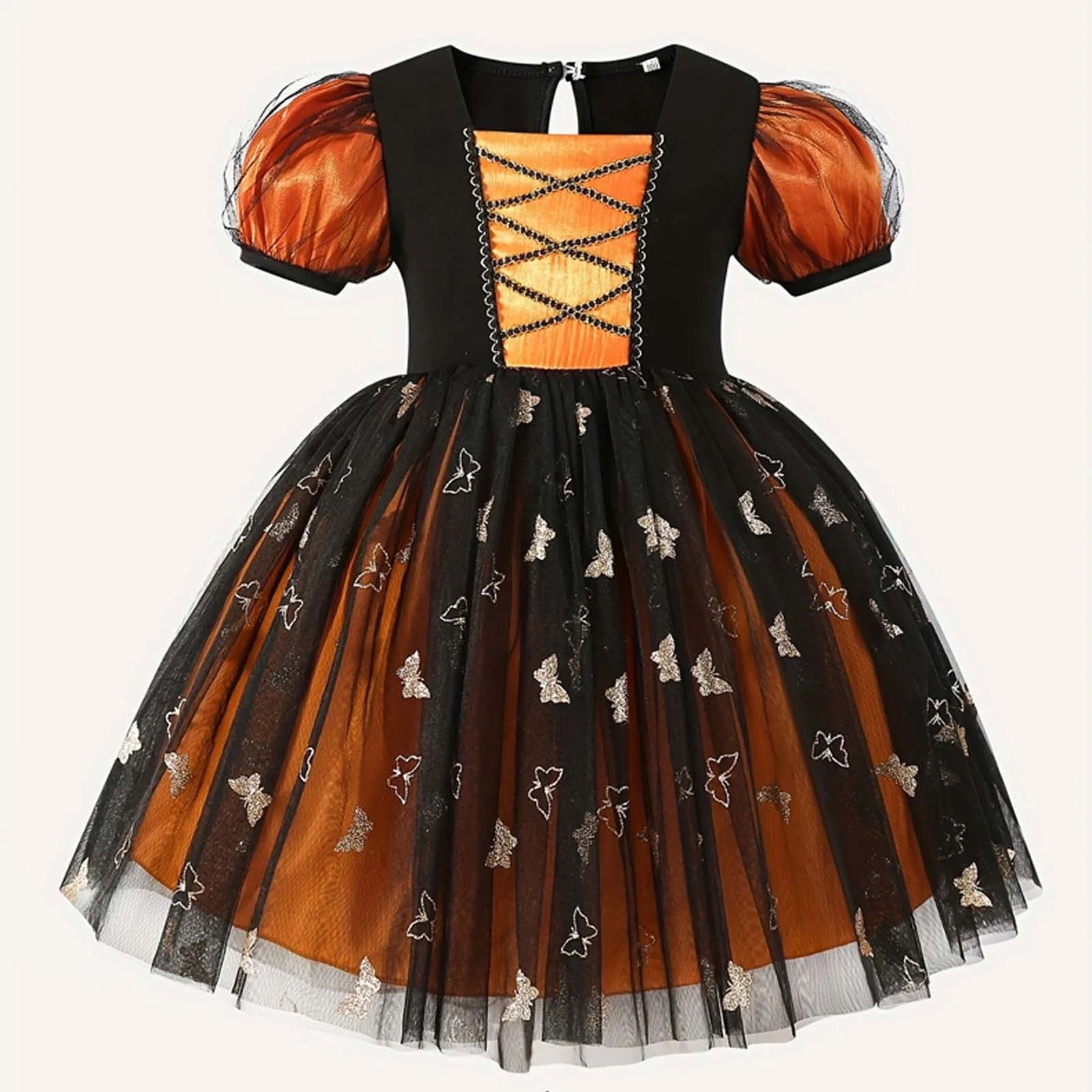 Festival Fun! Girls' Vintage Printed Ball Gown – Bubble Sleeve, Mesh Design, Perfect for Halloween & Cosplay Performance
