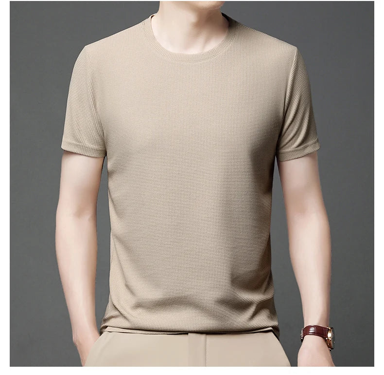 Texture & Comfort! New Summer Waffle Knit T-Shirt for Men – Breathable, Round Neck, Short Sleeve Casual Top