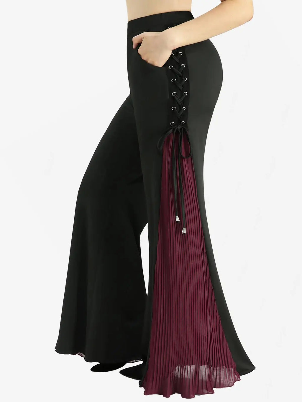 High Street Edge! ROSE GAL Plus Size Flare Pants – Grommets, Lace-Up & Pleated Patchwork Detail, High Stretch Comfort