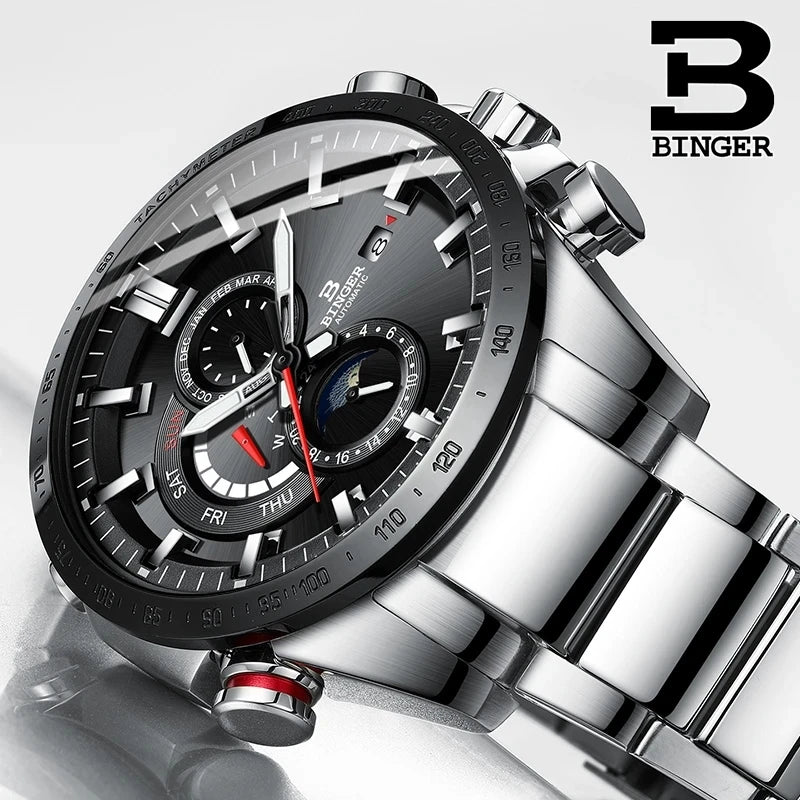 Genuine Luxury! BINGER Swiss Brand Automatic Mechanical Watch – Moon Phase, Luminous, Sapphire Crystal, 50M Waterproof