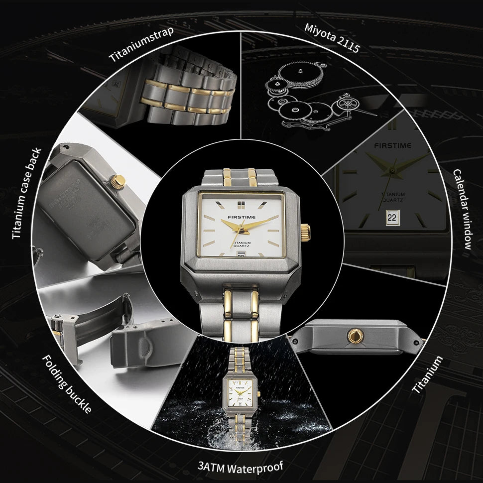 Ultralight Luxury! BERNY Square Titanium Quartz Watch for Women – Gold Tone, Calendar Display, 30M Waterproof