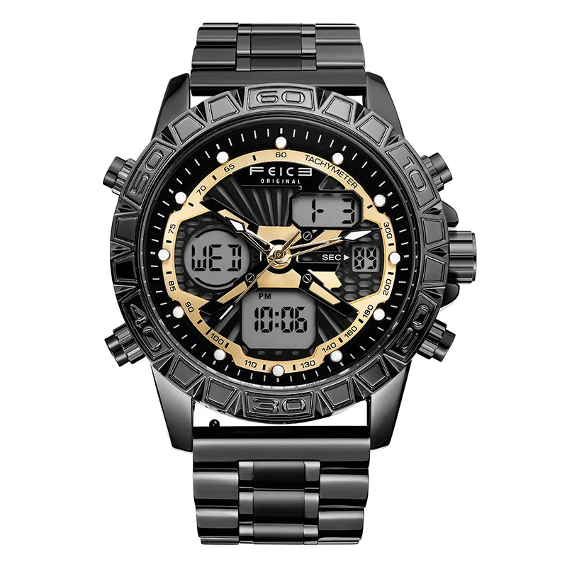 Original Retro Design! FEICE FK817 Dual Display Quartz Watch – Luminous, Waterproof, 8-Function Sport Chronograph