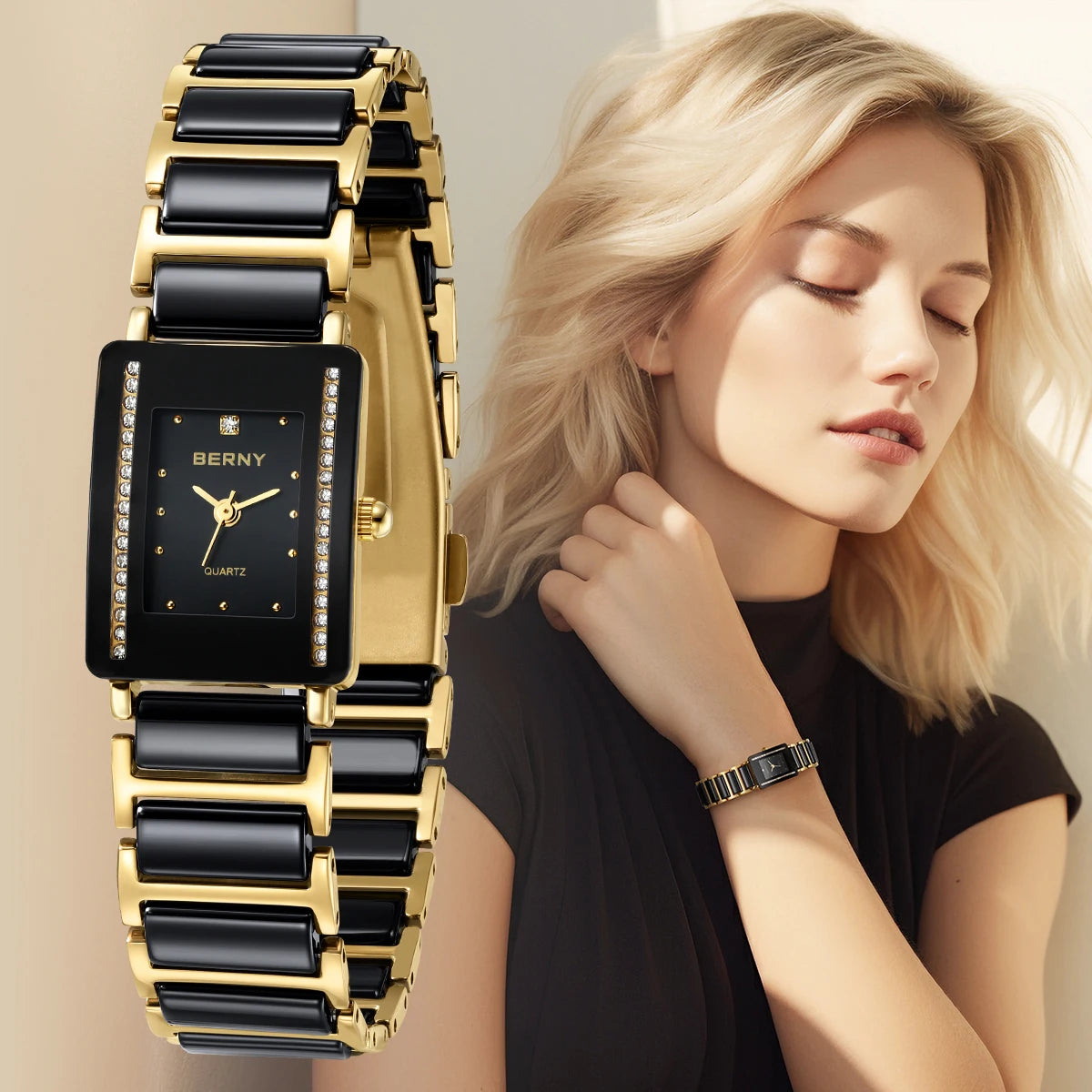 Couple's Luxury! BERNY Ceramic Quartz Rectangle Watch – Black Gold, Calendar, 30M Waterproof, Sapphire Coated Lens