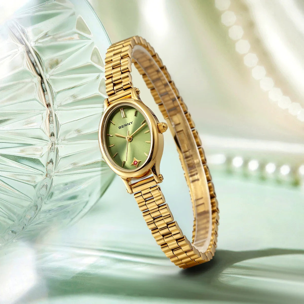 Jewelry Elegance! BERNY Gold Oval Quartz Watch for Women – Ruby Dotted Dial, Ultra-Thin, Butterfly Clasp, 30M Waterproof