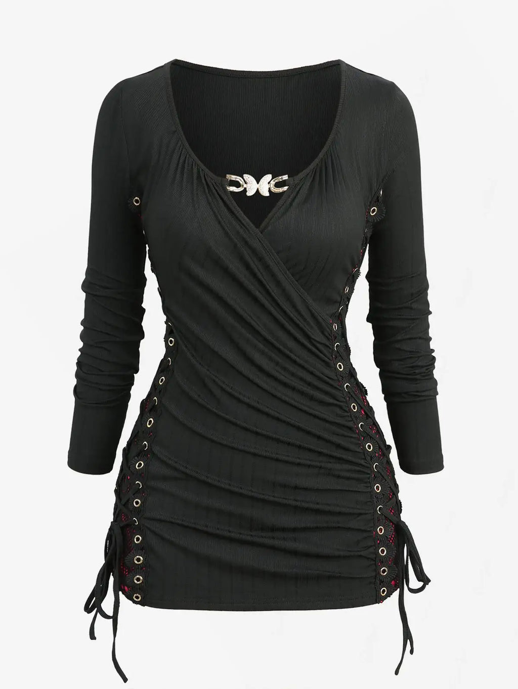 ROSEGAL Plus Size Surplice Butterfly Buckle Long Sleeves Top 2025 Autumn Casual Costume Skull Fishnet Lace Up Side Ruched Tees