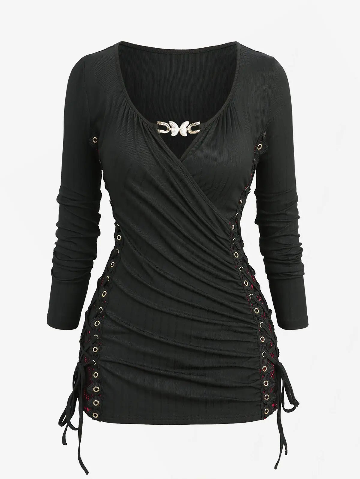 ROSEGAL Plus Size Surplice Butterfly Buckle Long Sleeves Top 2025 Autumn Casual Costume Skull Fishnet Lace Up Side Ruched Tees