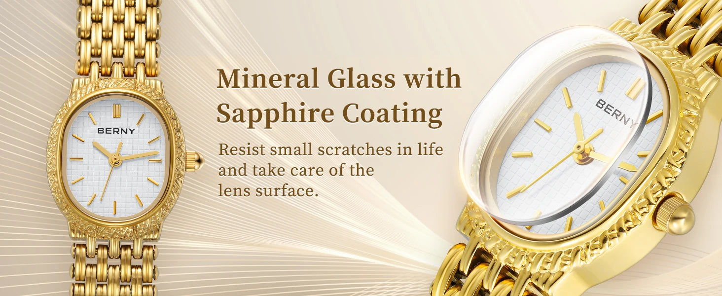 Slim Elegance! BERNY Oval Gold Quartz Ladies Watch – Swiss Movement, Ultra-Thin Case, Stainless Steel Bracelet, 30M Waterproof