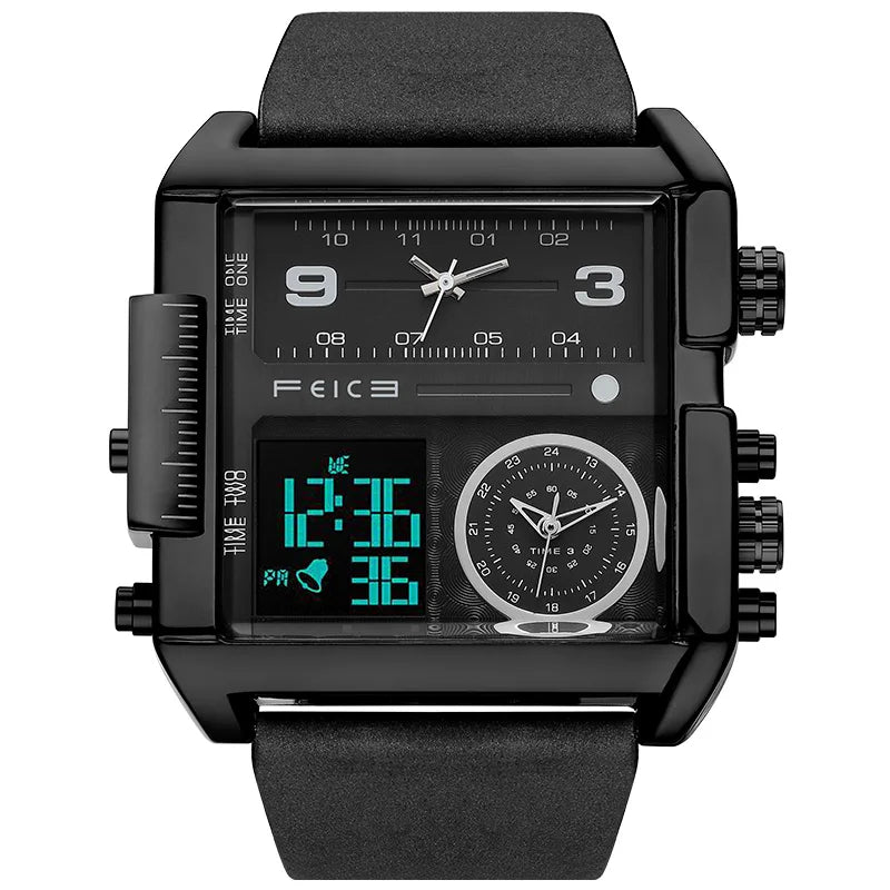 Statement Piece! FEICE FK030 Men's Big Square Dial Watch – Digital LED & Analog Display, Waterproof, Unique Leather Band