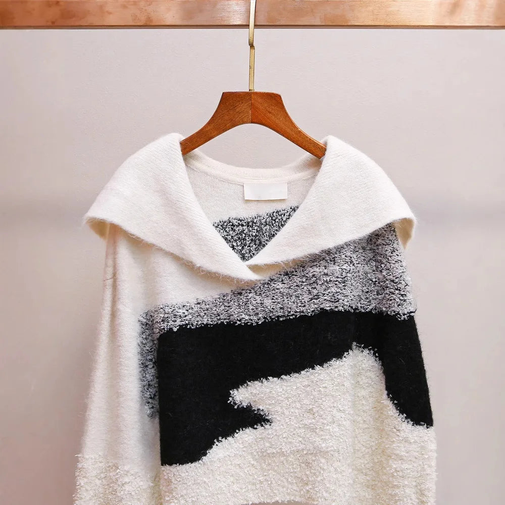High-End Design Sense! Elegant Contrasting Color Short Sweater – Loose Fit, Turn-Down Collar, Autumn/Winter Knit